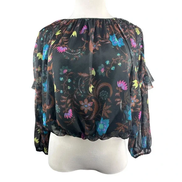 Free People Wildflower Honey Printed Blouse Black Multi Mesh Crop Top Small - Picture 3 of 15
